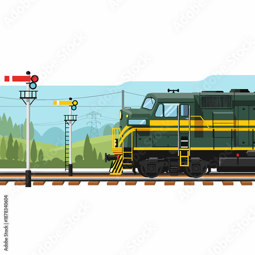 Train stopping at railway station with signal lights in a rural landscape viewed from the side