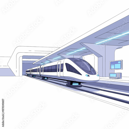 Modern train arriving at a sleek futuristic station platform with advanced technology and clean design