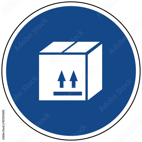 Vektor Illustration eines blauen runden Schildes mit einem weißen Paket Karton Symbol für Versand Logistik Lieferung Handel und Verpackung
