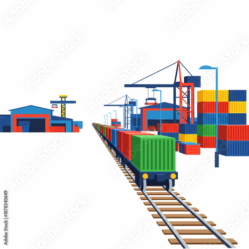 Train transporting containers through a bustling industrial shipping yard with cranes and stacked cargo