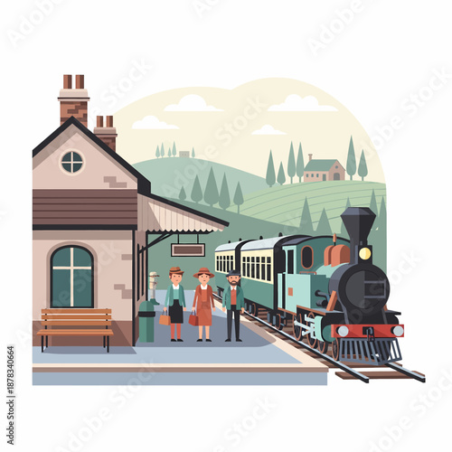 Vintage Train Arriving at Railway Station with Passengers and Locomotive Engine