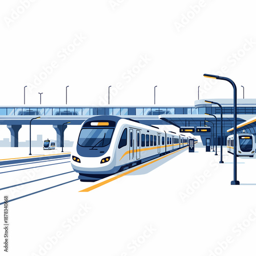 Modern Train Arriving at Station Platform with Elevated Walkway and Streetlights