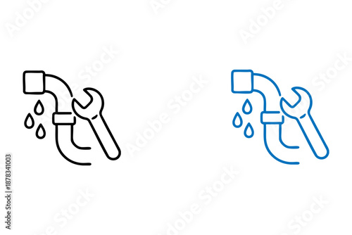 Leaky pipe with wrench icon plumbing repair and maintenance concept in simple black and blue line illustration for household service, fixing and water system