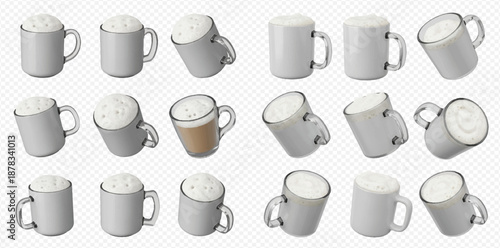 Set of coffee mugs with foam in various angles isolated on transparent background.