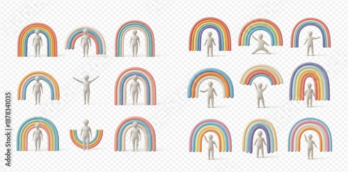 Set of 3D render rainbow arches and human figures, isolated on transparent background.