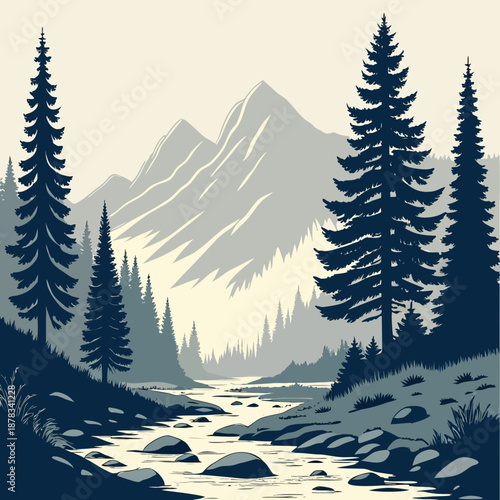 Принти на полотні Minimal Mountain Stream Vector Landscape