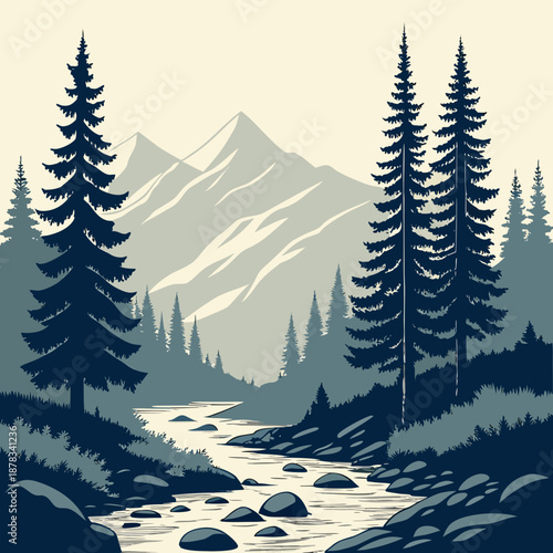 Tableau sur toile Minimal Mountain Stream Vector Landscape