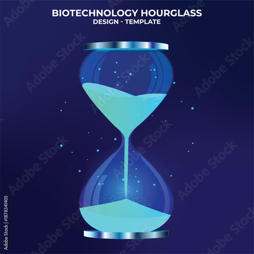 Modern glass hourglass with bioluminescent sand: a futuristic symbol of time, scientific innovation, and sustainable technology. Ephemeral time with advanced science, green technology. Sustainable