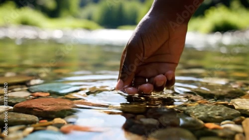 Hand Touching Water: A person's hand gently dips into a serene body of water, inviting a sense of peace and connection with nature, highlighting the purity of the element.