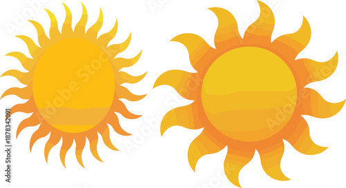 Bright yellow sun illustration, flat design sunshine icon, summer weather symbol, solar energy concept, minimal vector graphic