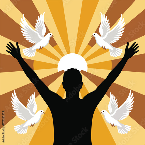 Silhouette of a person with arms raised, surrounded by doves and sunburst vector