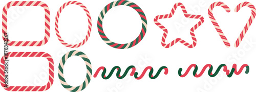 \Christmas candy cane frames and borders set, festive holiday decorative shapes, red green striped elements, winter celebration design illustration vector