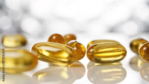 Golden Capsules: Vitamin capsules, bathed in soft lighting, provide a glimpse into wellness, promoting the concept of health and vitality.