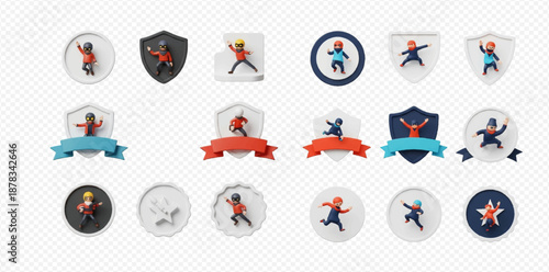 Set of 3D rendered sports emblems and badges with stylized athletes in various poses.
