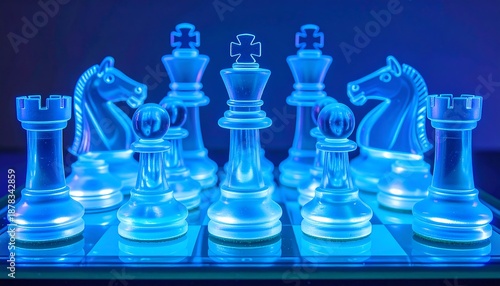 A luminous, clear chess set is arranged on a glass board under dramatic blue lighting, showcasing the pieces' elegant forms