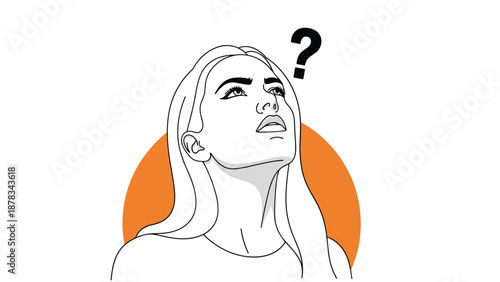 Beautiful young woman looks upward with contemplative expression next to black question mark against bright orange circle.