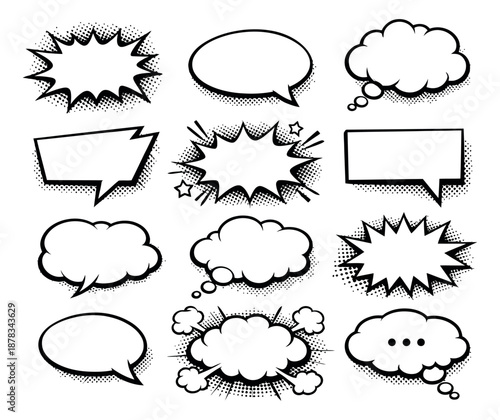 Comic pop art speech bubble set featuring hand drawn line art and halftone dots for communication design