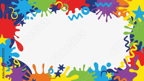 Vibrant paint splatters forming a colorful frame around a white center on a lively background