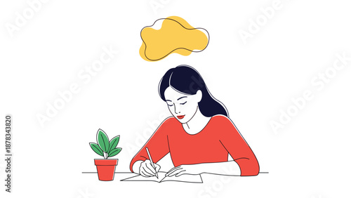Focused young woman writes in her notebook while sitting at desk with green plant and yellow thought bubble above her head.