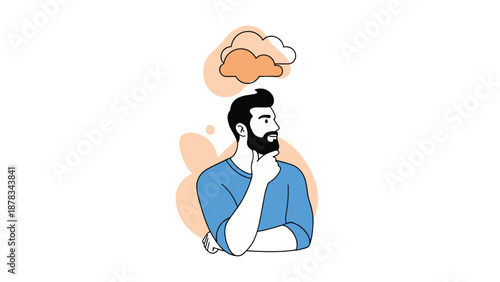 Serious man with beard contemplates ideas while looking sideways with abstract orange clouds floating above him on white.