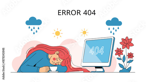 Exhausted woman sleeps on desk next to computer monitor displaying error 404 message indicating burnout and digital failure.