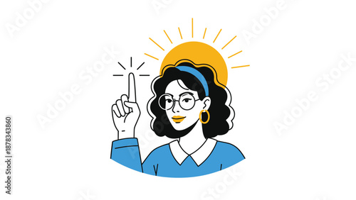 Confident curly haired woman wearing blue glasses points her finger upward as sun halo glows behind her head on white backdrop.