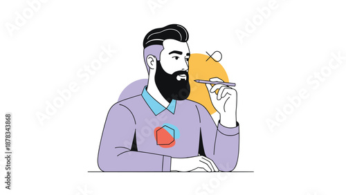 Thoughtful bearded man in purple sweater holds pen to his mouth while contemplating new creative project or business ideas.