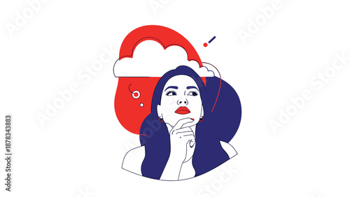 Elegant woman gazes upward with thoughtful expression while abstract cloud and red shapes float behind her on white background.