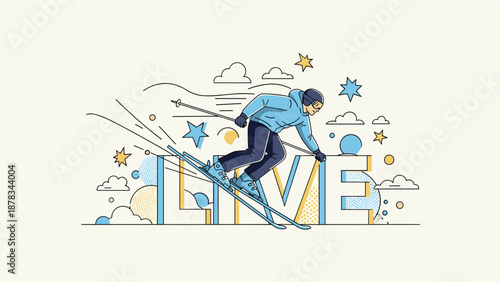 Skilled skier glides down snowy mountain slope through stars and clouds with large live text appearing in the background.