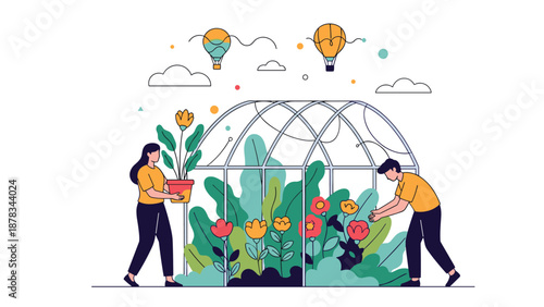 Man and woman work together inside modern greenhouse tending to beautiful blooming flowers and plants in sunny garden.