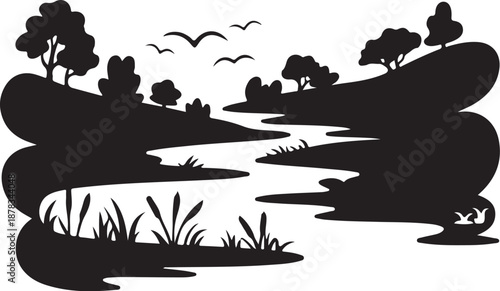 Black and white landscape with river and birds flying