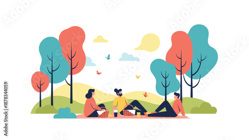 Small group of friends enjoys relaxing picnic in sunny park with colorful trees and butterflies fluttering in the air.