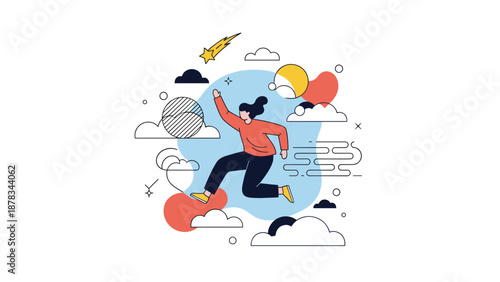 Energetic woman leaps through a whimsical abstract sky filled with colorful clouds, stars, and symbols of joy and freedom.