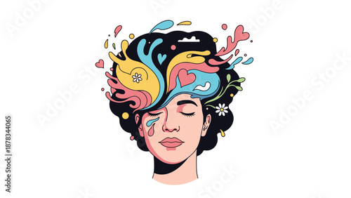 Woman with closed eyes experiences a burst of colorful thoughts, emotions, and creative ideas flowing from her mind and hair.