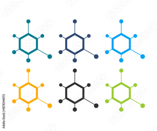 Molecular Hexagon Patterns: An abstract graphic showcases a collection of hexagonal molecular structures, each rendered in a distinct color palette and design.