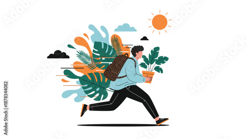 Determined man runs quickly while carrying a large backpack and a potted plant, leaving a trail of lush tropical foliage.