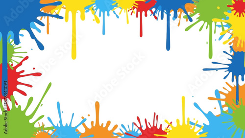 Vibrant paint splatters framing a blank white space viewed from directly above in a lively illustration