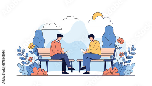 Two men sit peacefully on separate park benches surrounded by flowers and trees, focused on reading their digital tablets.