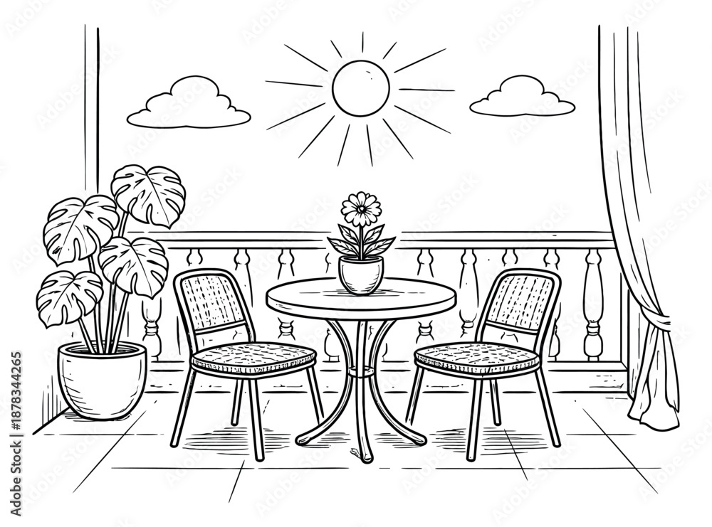 Fototapeta premium Hand drawn line art illustration of a balcony setting depicting outdoor furniture and plants under the sun for summer leisure