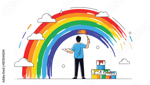 Creative artist uses a brush and colorful paint to create a large, vibrant rainbow across a canvas of white clouds.