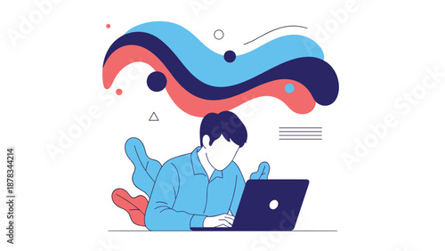 Focused man works on his laptop while vibrant, flowing waves of color represent his creative thoughts and productivity.