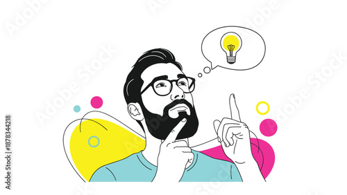 Thoughtful man with a beard and glasses points to a glowing light bulb, representing a great idea or sudden inspiration.