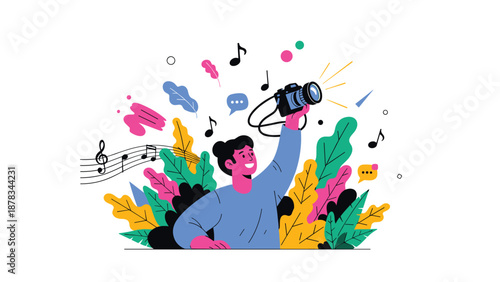 Happy woman raises her professional camera amidst a whirlwind of colorful leaves, flowers, and musical notes.