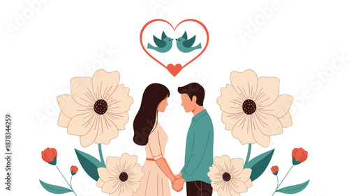 Romantic couple stands face-to-face in a giant flower garden, while two birds form a heart shape in the sky above them.