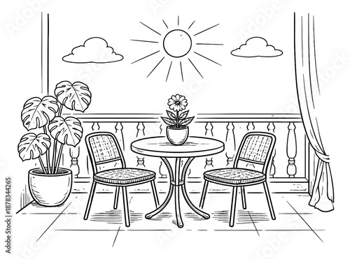 Hand drawn line art illustration of a balcony setting depicting outdoor furniture and plants under the sun for summer leisure