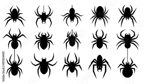Halloween spider silhouettes collection with various shapes flat vector illustration set
