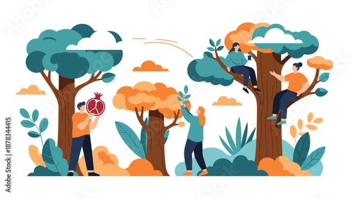 Group of people collaborates to harvest large fruits and leaves from massive, colorful trees in a productive forest.
