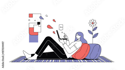 Relaxed woman lies on a striped rug and works on her laptop, surrounded by creative abstract art and a large flower.