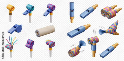 Set of colorful party blowers, whistles, and horns for celebration and festive occasions.