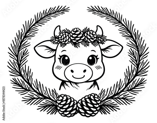 Hand drawn line art illustration of a cute baby cow head depicting its festive winter adornment for holiday greetings